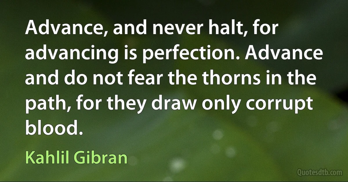 Advance, and never halt, for advancing is perfection. Advance and do not fear the thorns in the path, for they draw only corrupt blood. (Kahlil Gibran)