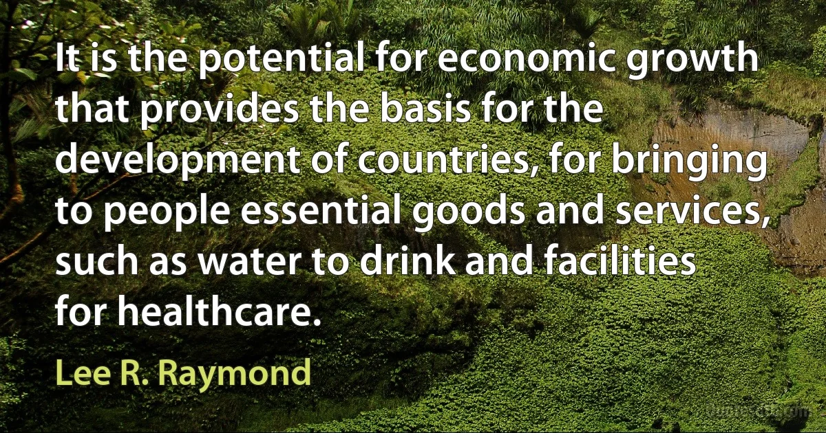 It is the potential for economic growth that provides the basis for the development of countries, for bringing to people essential goods and services, such as water to drink and facilities for healthcare. (Lee R. Raymond)