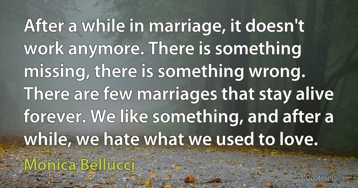 After a while in marriage, it doesn't work anymore. There is something missing, there is something wrong. There are few marriages that stay alive forever. We like something, and after a while, we hate what we used to love. (Monica Bellucci)