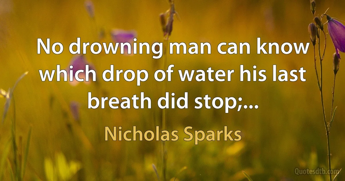 No drowning man can know which drop of water his last breath did stop;... (Nicholas Sparks)