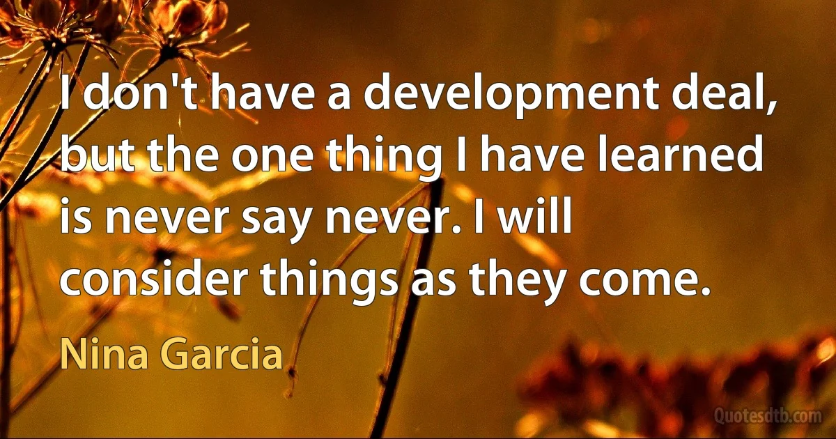 I don't have a development deal, but the one thing I have learned is never say never. I will consider things as they come. (Nina Garcia)