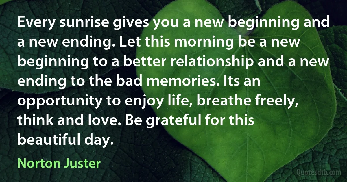 Every sunrise gives you a new beginning and a new ending. Let this morning be a new beginning to a better relationship and a new ending to the bad memories. Its an opportunity to enjoy life, breathe freely, think and love. Be grateful for this beautiful day. (Norton Juster)