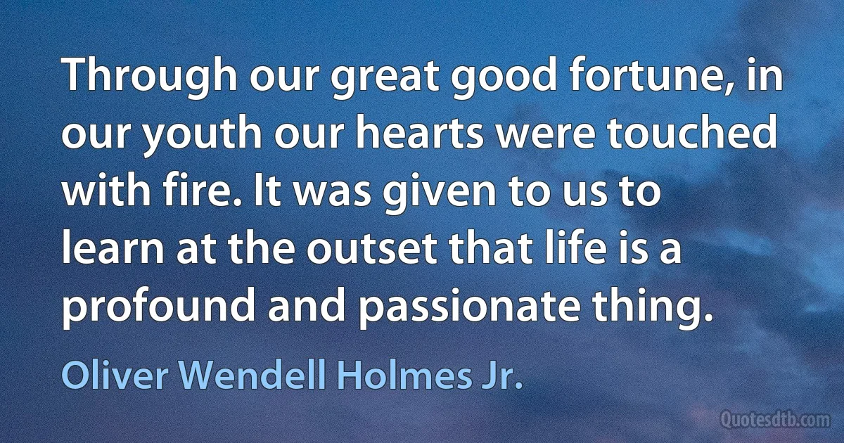 Through our great good fortune, in our youth our hearts were touched with fire. It was given to us to learn at the outset that life is a profound and passionate thing. (Oliver Wendell Holmes Jr.)