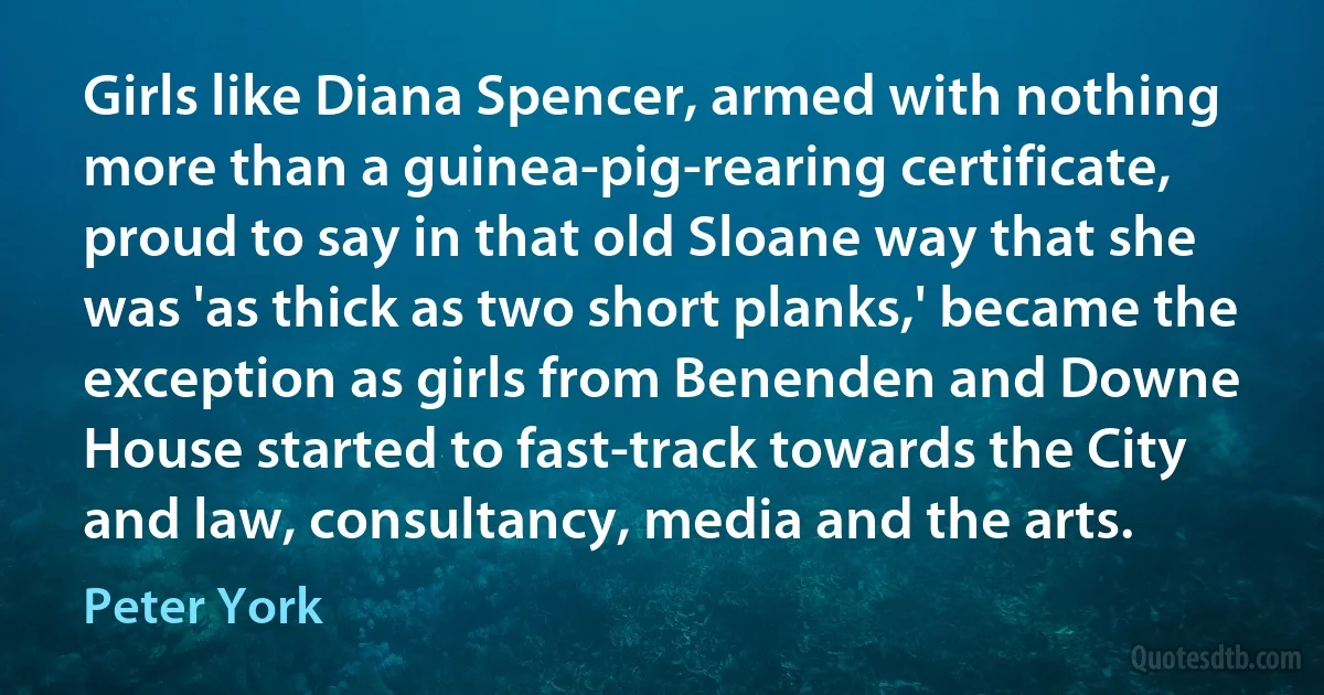 Girls like Diana Spencer, armed with nothing more than a guinea-pig-rearing certificate, proud to say in that old Sloane way that she was 'as thick as two short planks,' became the exception as girls from Benenden and Downe House started to fast-track towards the City and law, consultancy, media and the arts. (Peter York)