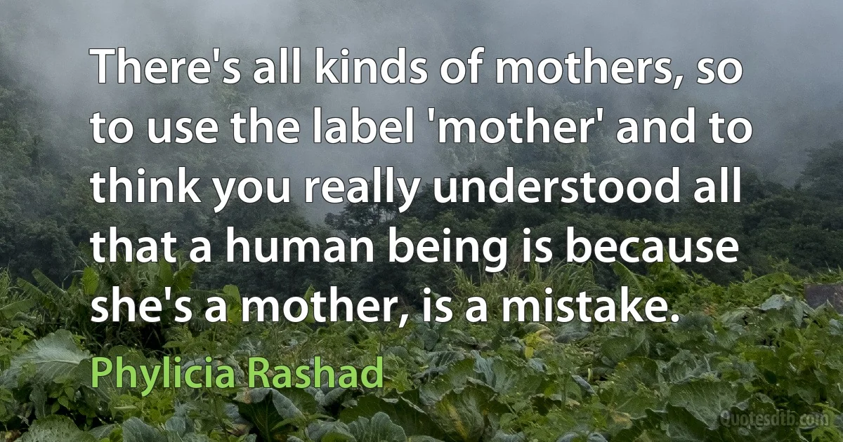 There's all kinds of mothers, so to use the label 'mother' and to think you really understood all that a human being is because she's a mother, is a mistake. (Phylicia Rashad)