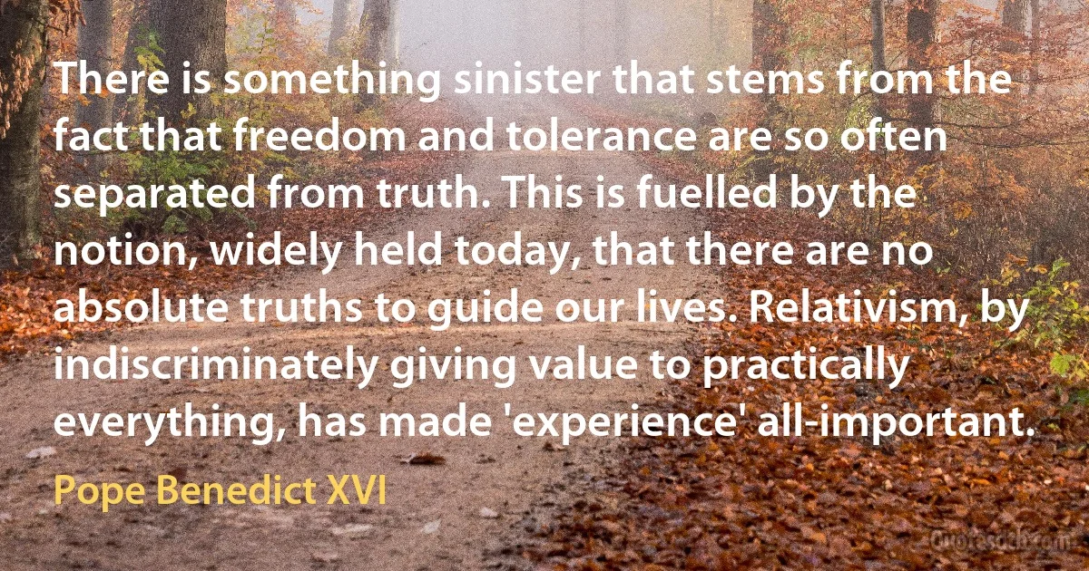 There is something sinister that stems from the fact that freedom and tolerance are so often separated from truth. This is fuelled by the notion, widely held today, that there are no absolute truths to guide our lives. Relativism, by indiscriminately giving value to practically everything, has made 'experience' all-important. (Pope Benedict XVI)