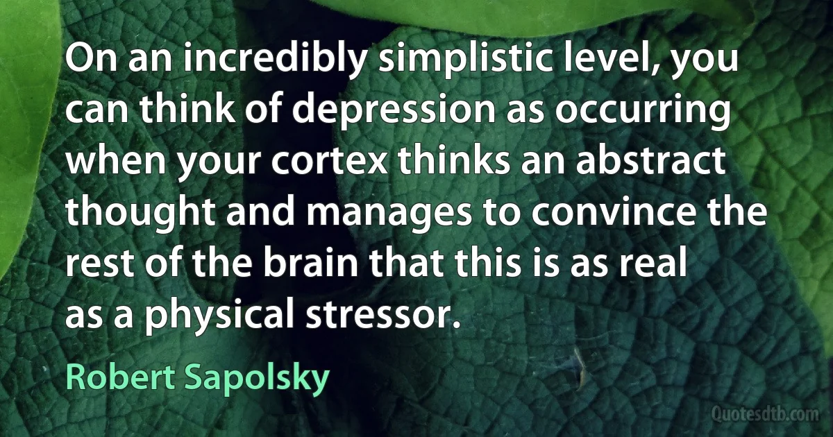 On an incredibly simplistic level, you can think of depression as occurring when your cortex thinks an abstract thought and manages to convince the rest of the brain that this is as real as a physical stressor. (Robert Sapolsky)