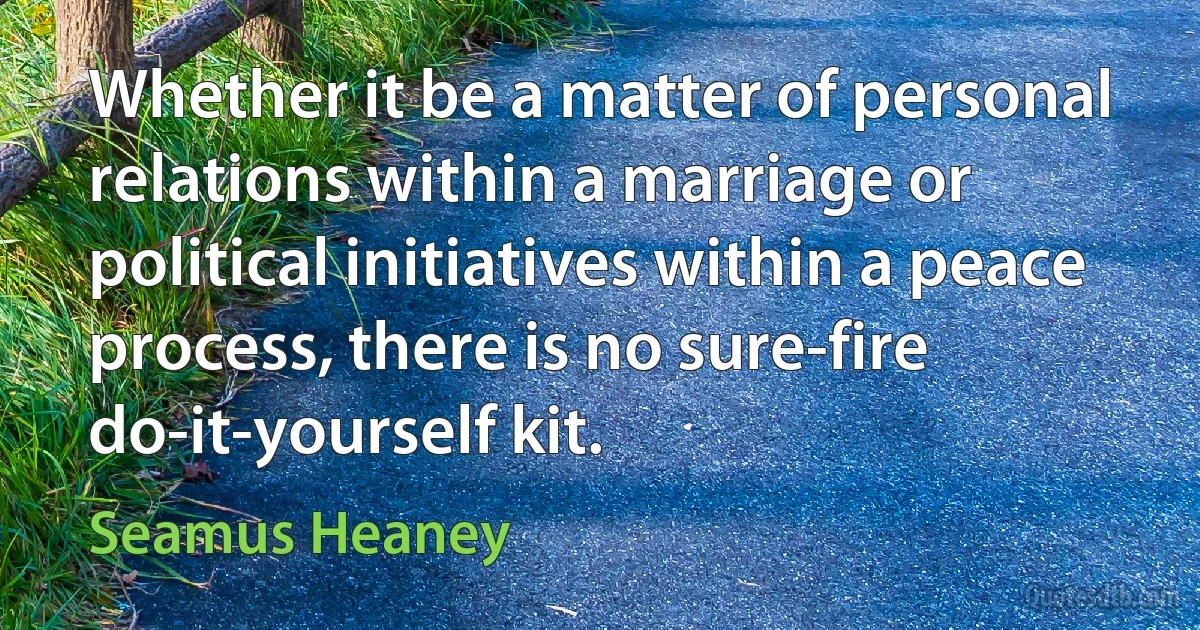 Whether it be a matter of personal relations within a marriage or political initiatives within a peace process, there is no sure-fire do-it-yourself kit. (Seamus Heaney)