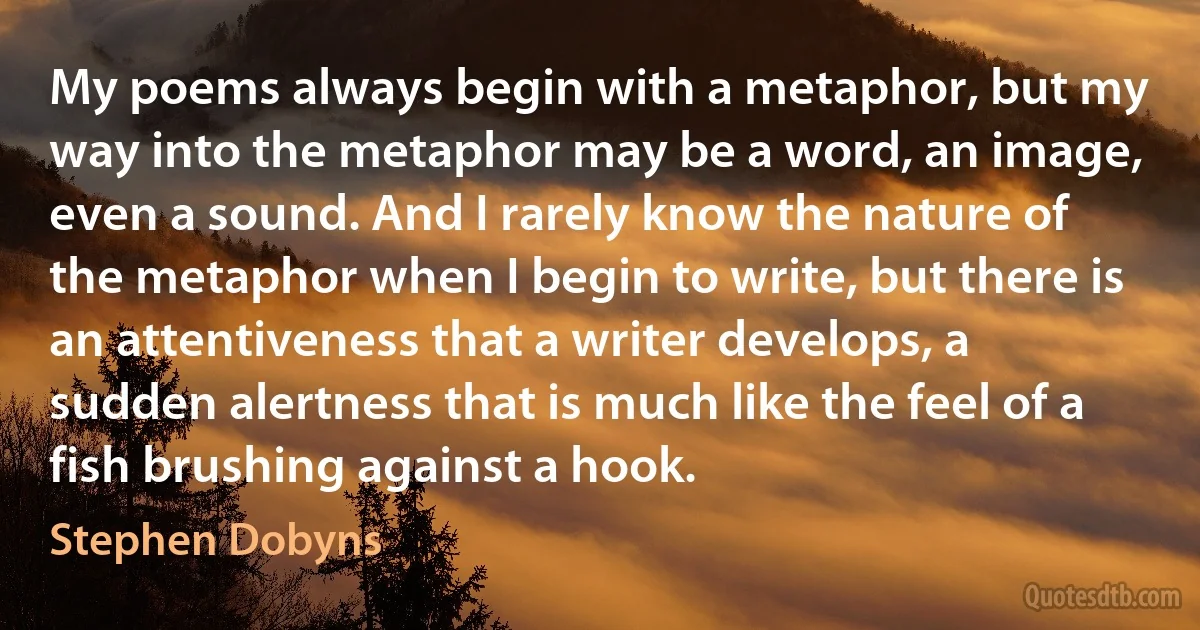 My poems always begin with a metaphor, but my way into the metaphor may be a word, an image, even a sound. And I rarely know the nature of the metaphor when I begin to write, but there is an attentiveness that a writer develops, a sudden alertness that is much like the feel of a fish brushing against a hook. (Stephen Dobyns)