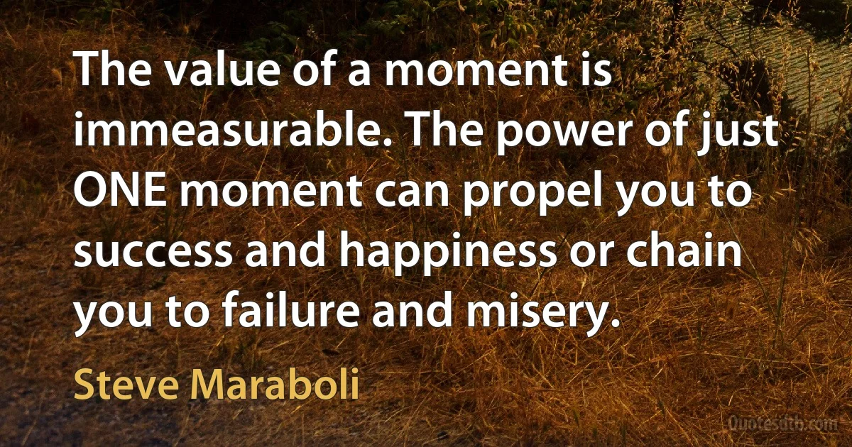 The value of a moment is immeasurable. The power of just ONE moment can propel you to success and happiness or chain you to failure and misery. (Steve Maraboli)