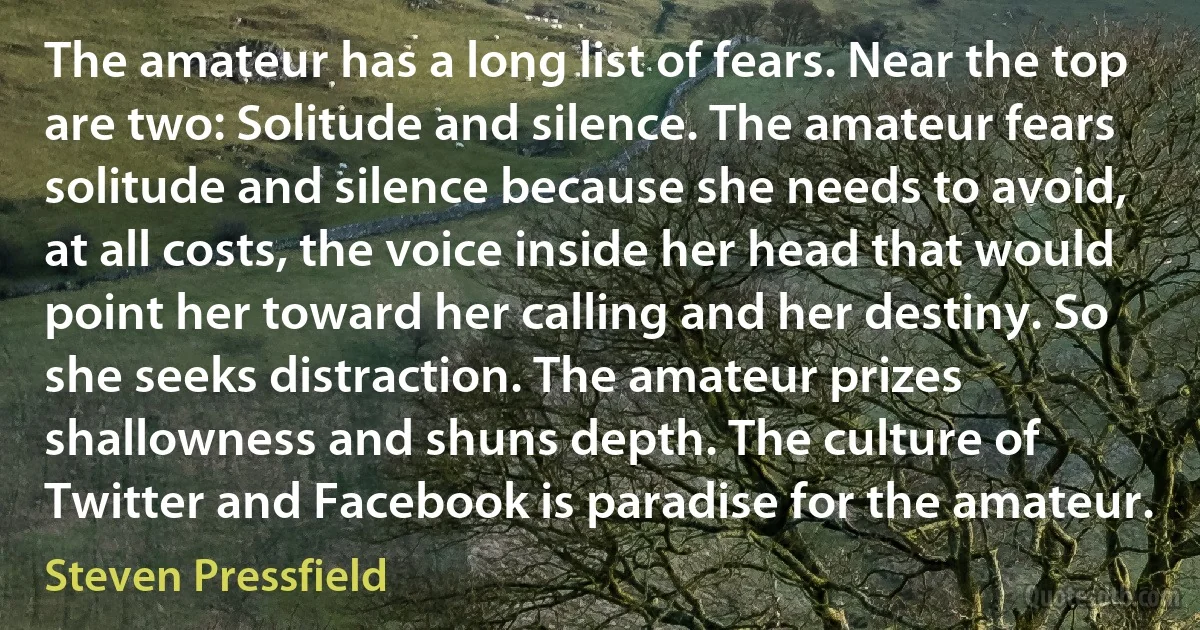 The amateur has a long list of fears. Near the top are two: Solitude and silence. The amateur fears solitude and silence because she needs to avoid, at all costs, the voice inside her head that would point her toward her calling and her destiny. So she seeks distraction. The amateur prizes shallowness and shuns depth. The culture of Twitter and Facebook is paradise for the amateur. (Steven Pressfield)