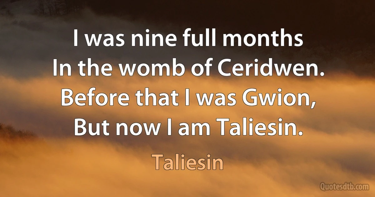 I was nine full months
In the womb of Ceridwen.
Before that I was Gwion,
But now I am Taliesin. (Taliesin)