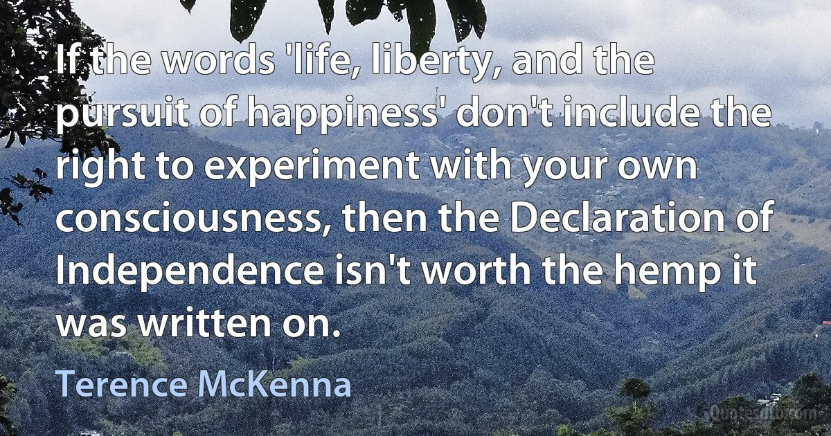 If the words 'life, liberty, and the pursuit of happiness' don't include the right to experiment with your own consciousness, then the Declaration of Independence isn't worth the hemp it was written on. (Terence McKenna)