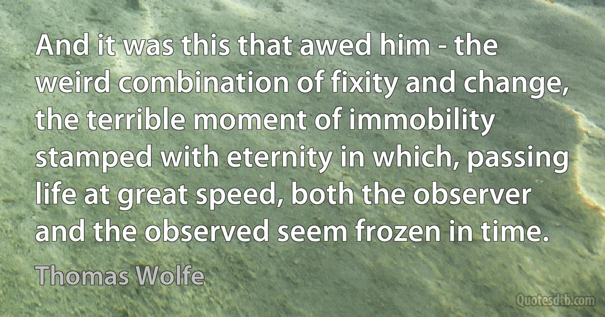 And it was this that awed him - the weird combination of fixity and change, the terrible moment of immobility stamped with eternity in which, passing life at great speed, both the observer and the observed seem frozen in time. (Thomas Wolfe)