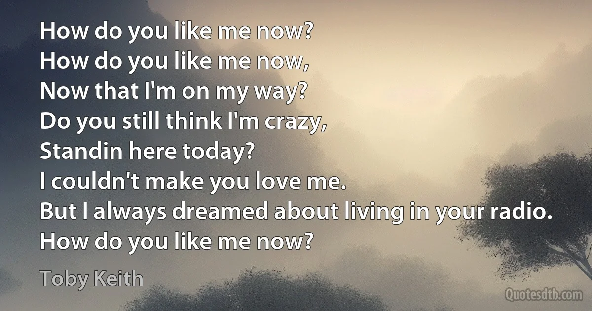 How do you like me now?
How do you like me now,
Now that I'm on my way?
Do you still think I'm crazy,
Standin here today?
I couldn't make you love me.
But I always dreamed about living in your radio.
How do you like me now? (Toby Keith)