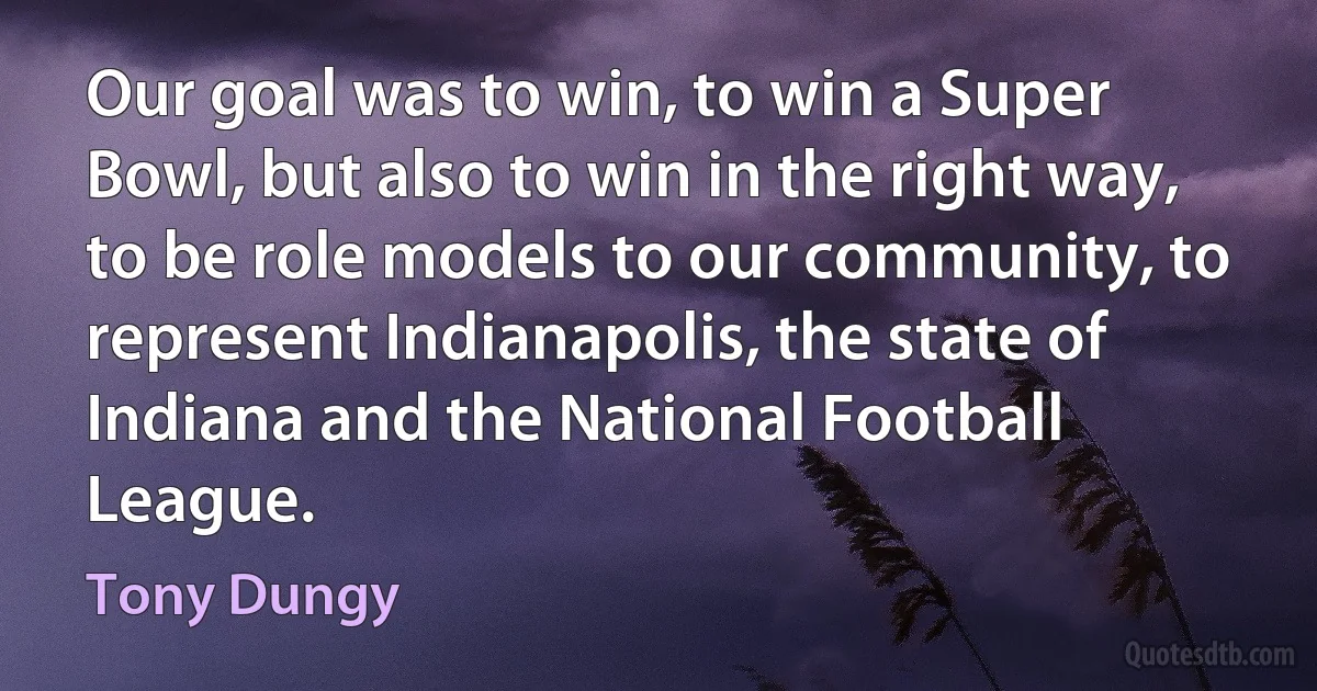 Our goal was to win, to win a Super Bowl, but also to win in the right way, to be role models to our community, to represent Indianapolis, the state of Indiana and the National Football League. (Tony Dungy)