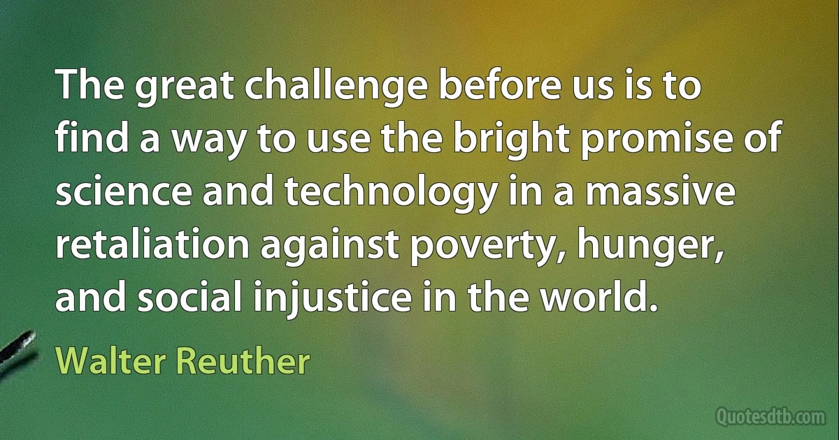 The great challenge before us is to find a way to use the bright promise of science and technology in a massive retaliation against poverty, hunger, and social injustice in the world. (Walter Reuther)