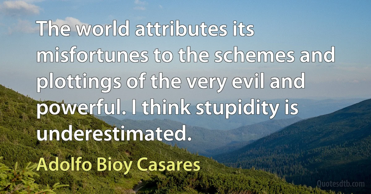 The world attributes its misfortunes to the schemes and plottings of the very evil and powerful. I think stupidity is underestimated. (Adolfo Bioy Casares)