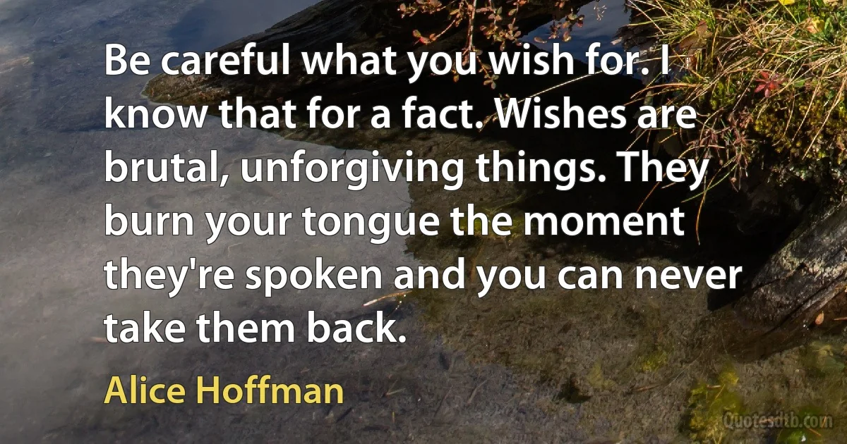 Be careful what you wish for. I know that for a fact. Wishes are brutal, unforgiving things. They burn your tongue the moment they're spoken and you can never take them back. (Alice Hoffman)