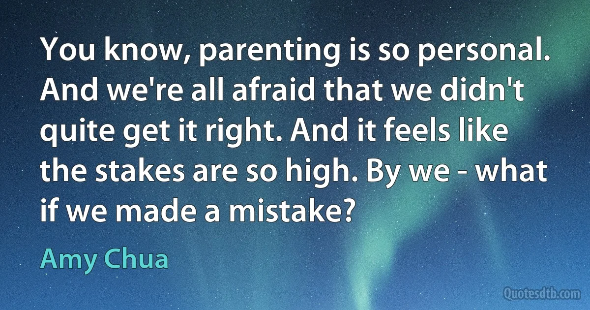 You know, parenting is so personal. And we're all afraid that we didn't quite get it right. And it feels like the stakes are so high. By we - what if we made a mistake? (Amy Chua)