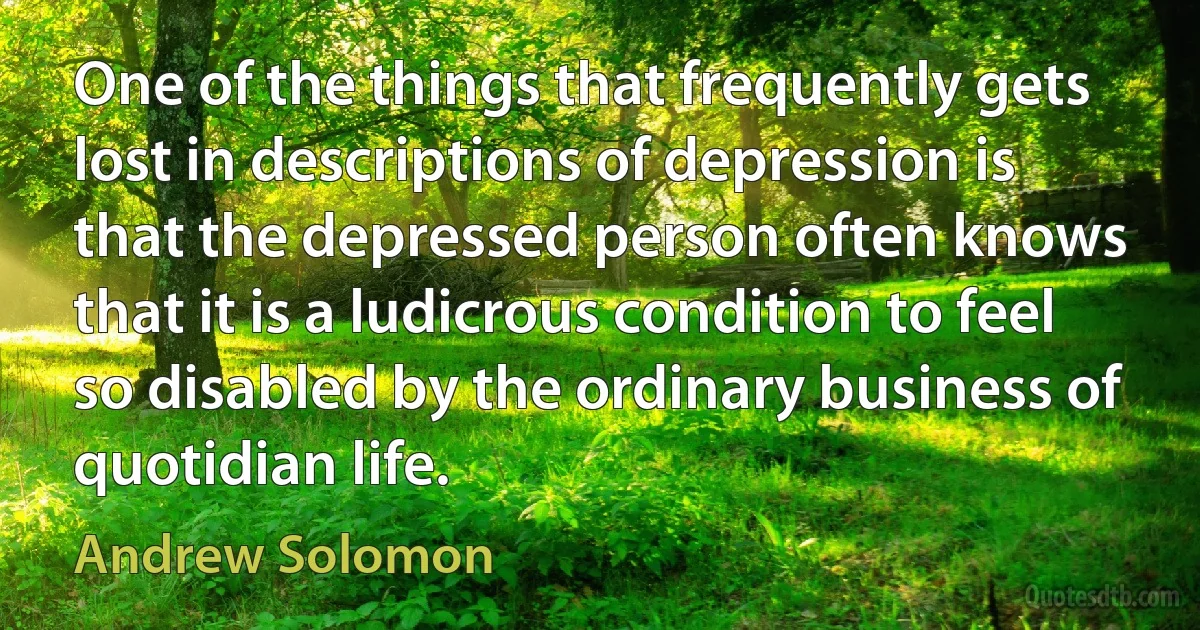 One of the things that frequently gets lost in descriptions of depression is that the depressed person often knows that it is a ludicrous condition to feel so disabled by the ordinary business of quotidian life. (Andrew Solomon)