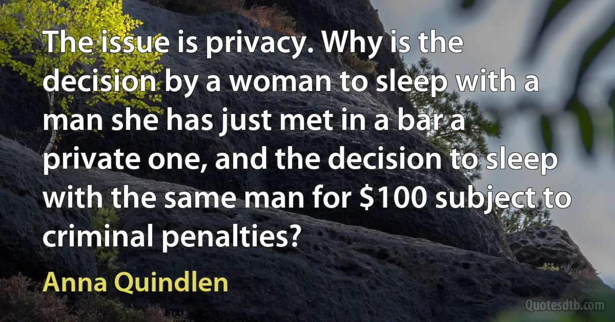 The issue is privacy. Why is the decision by a woman to sleep with a man she has just met in a bar a private one, and the decision to sleep with the same man for $100 subject to criminal penalties? (Anna Quindlen)