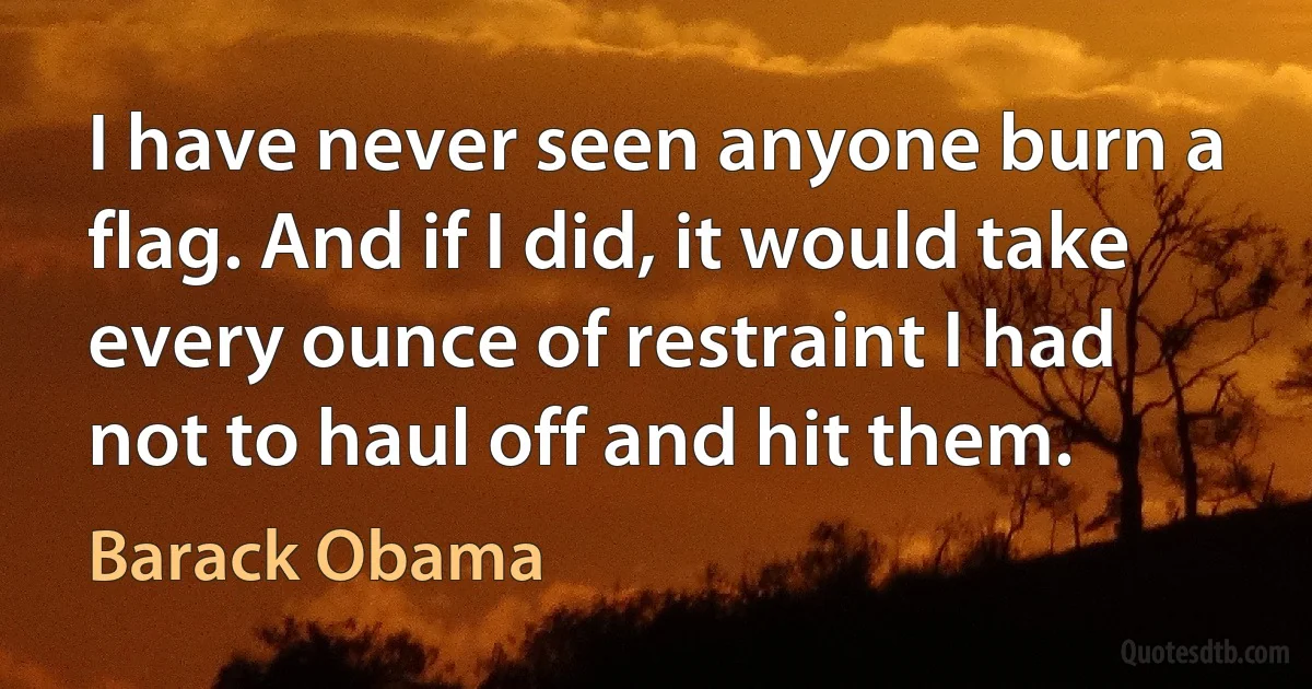 I have never seen anyone burn a flag. And if I did, it would take every ounce of restraint I had not to haul off and hit them. (Barack Obama)