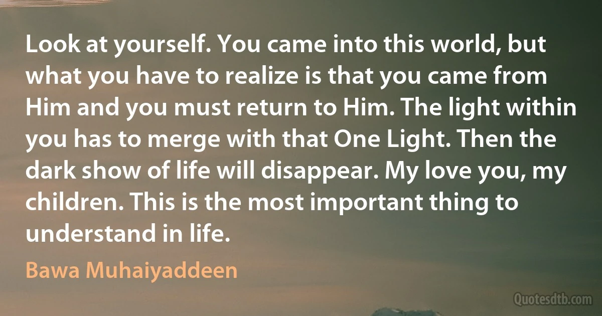 Look at yourself. You came into this world, but what you have to realize is that you came from Him and you must return to Him. The light within you has to merge with that One Light. Then the dark show of life will disappear. My love you, my children. This is the most important thing to understand in life. (Bawa Muhaiyaddeen)