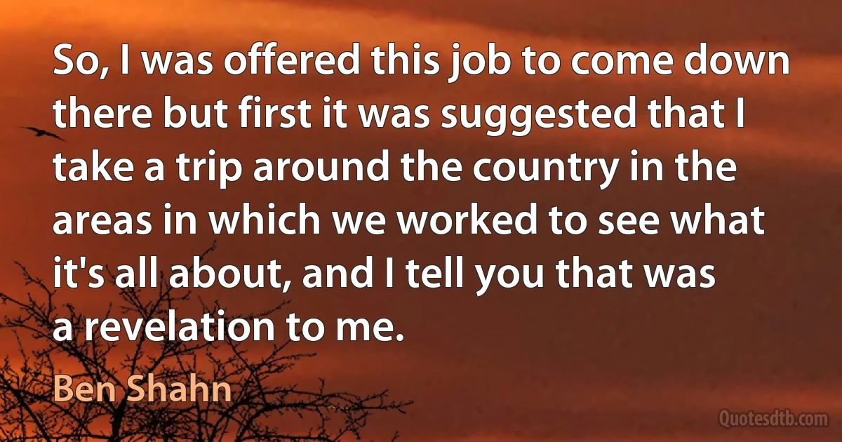 So, I was offered this job to come down there but first it was suggested that I take a trip around the country in the areas in which we worked to see what it's all about, and I tell you that was a revelation to me. (Ben Shahn)