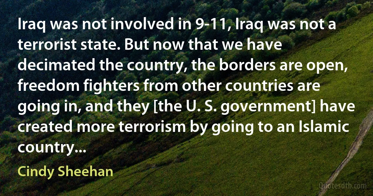 Iraq was not involved in 9-11, Iraq was not a terrorist state. But now that we have decimated the country, the borders are open, freedom fighters from other countries are going in, and they [the U. S. government] have created more terrorism by going to an Islamic country... (Cindy Sheehan)