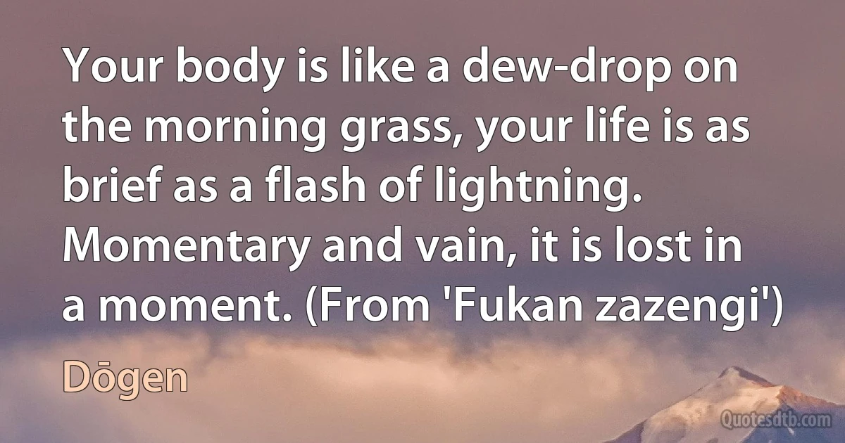 Your body is like a dew-drop on the morning grass, your life is as brief as a flash of lightning. Momentary and vain, it is lost in a moment. (From 'Fukan zazengi') (Dōgen)