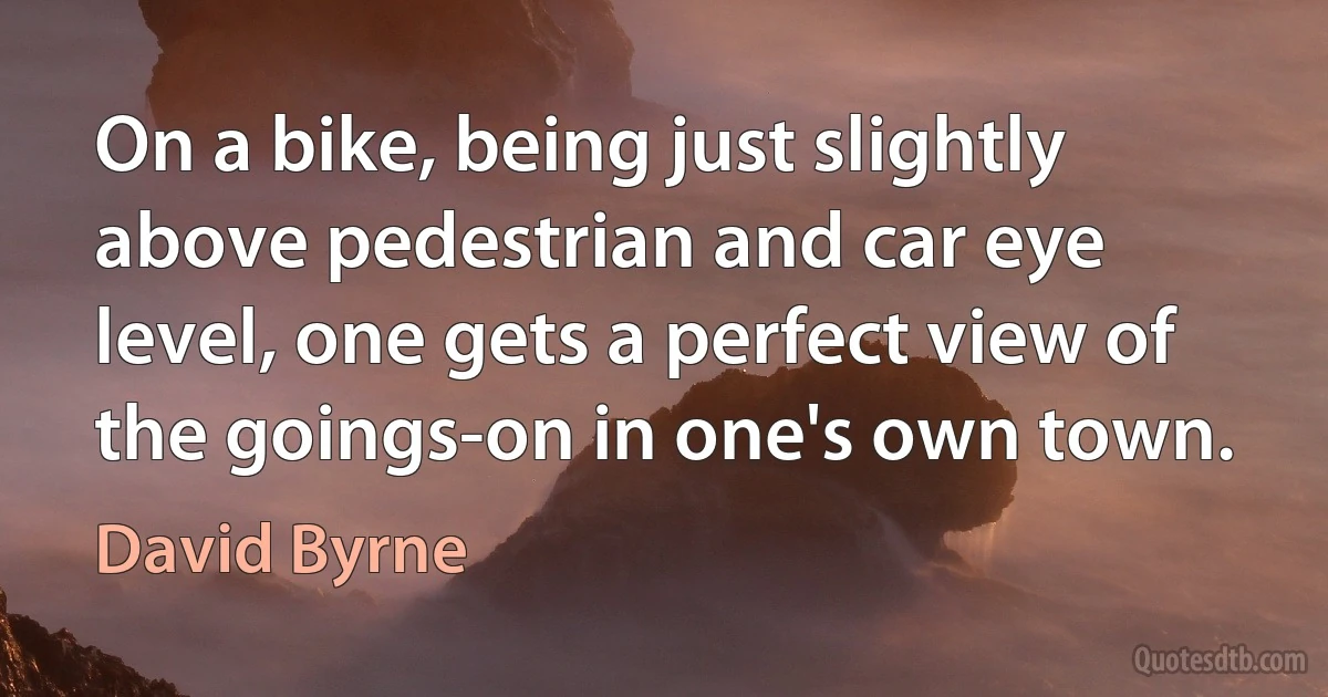 On a bike, being just slightly above pedestrian and car eye level, one gets a perfect view of the goings-on in one's own town. (David Byrne)