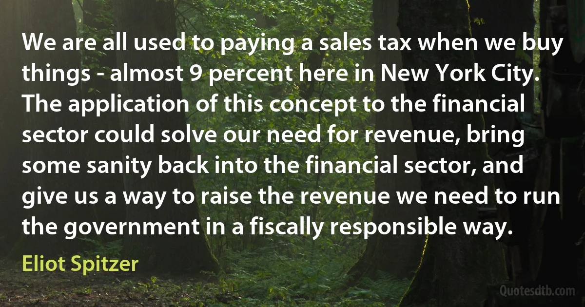 We are all used to paying a sales tax when we buy things - almost 9 percent here in New York City. The application of this concept to the financial sector could solve our need for revenue, bring some sanity back into the financial sector, and give us a way to raise the revenue we need to run the government in a fiscally responsible way. (Eliot Spitzer)