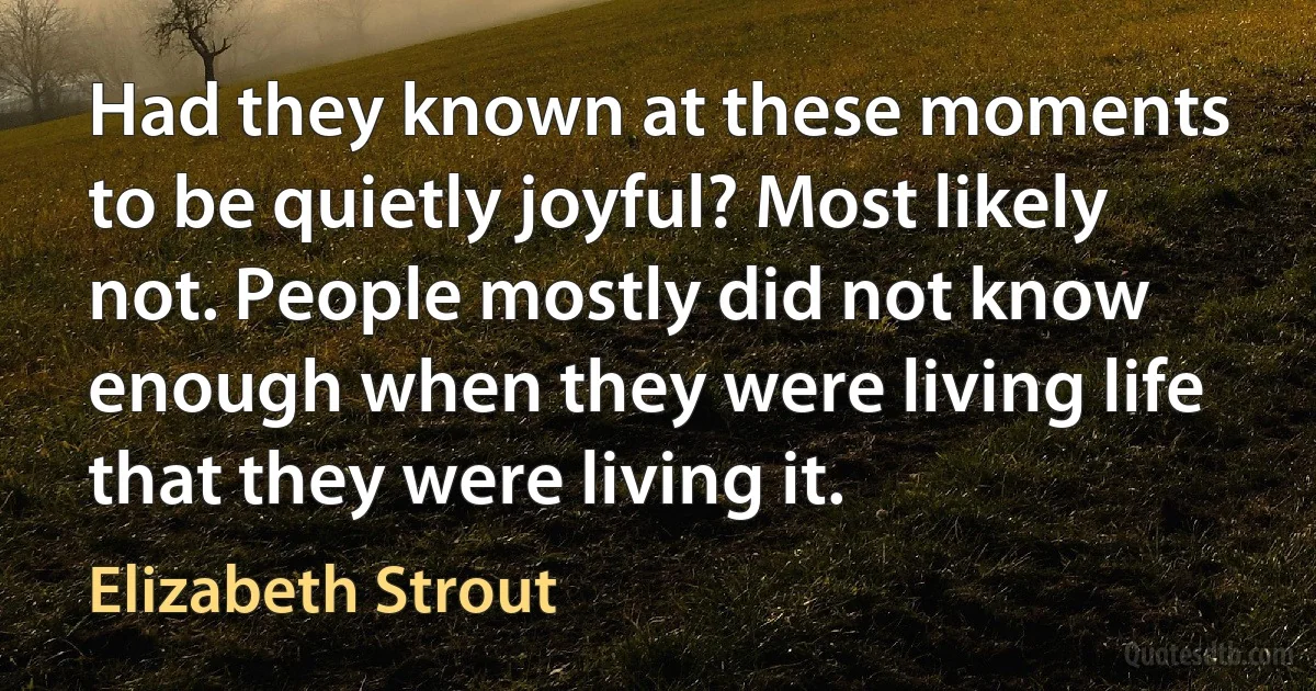 Had they known at these moments to be quietly joyful? Most likely not. People mostly did not know enough when they were living life that they were living it. (Elizabeth Strout)