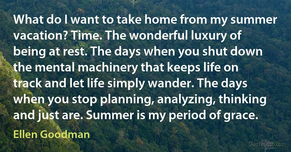 What do I want to take home from my summer vacation? Time. The wonderful luxury of being at rest. The days when you shut down the mental machinery that keeps life on track and let life simply wander. The days when you stop planning, analyzing, thinking and just are. Summer is my period of grace. (Ellen Goodman)