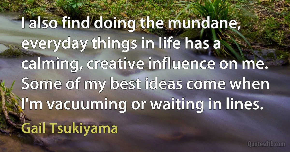 I also find doing the mundane, everyday things in life has a calming, creative influence on me. Some of my best ideas come when I'm vacuuming or waiting in lines. (Gail Tsukiyama)