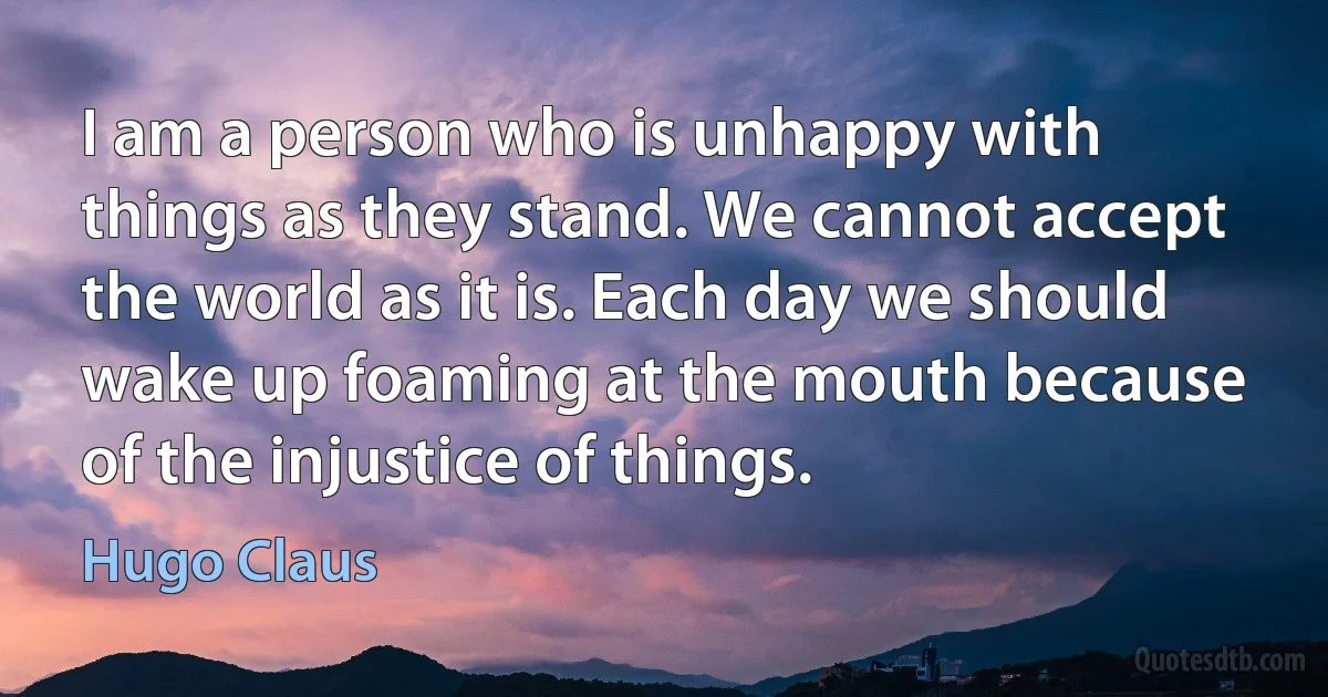 I am a person who is unhappy with things as they stand. We cannot accept the world as it is. Each day we should wake up foaming at the mouth because of the injustice of things. (Hugo Claus)