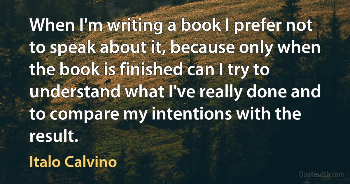 When I'm writing a book I prefer not to speak about it, because only when the book is finished can I try to understand what I've really done and to compare my intentions with the result. (Italo Calvino)