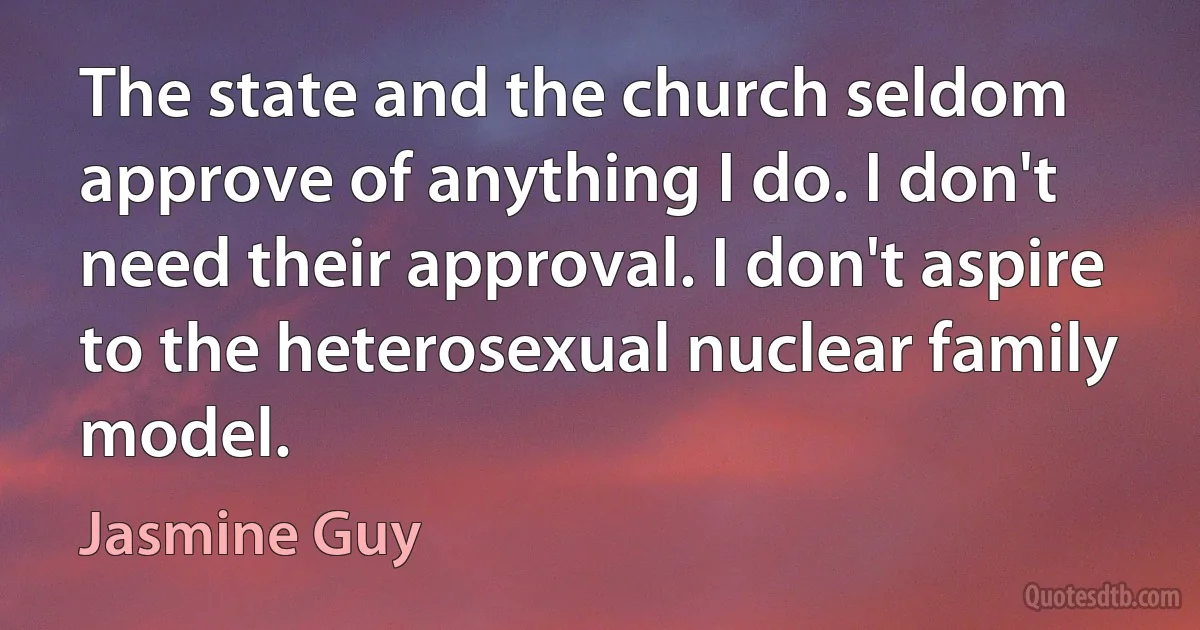 The state and the church seldom approve of anything I do. I don't need their approval. I don't aspire to the heterosexual nuclear family model. (Jasmine Guy)