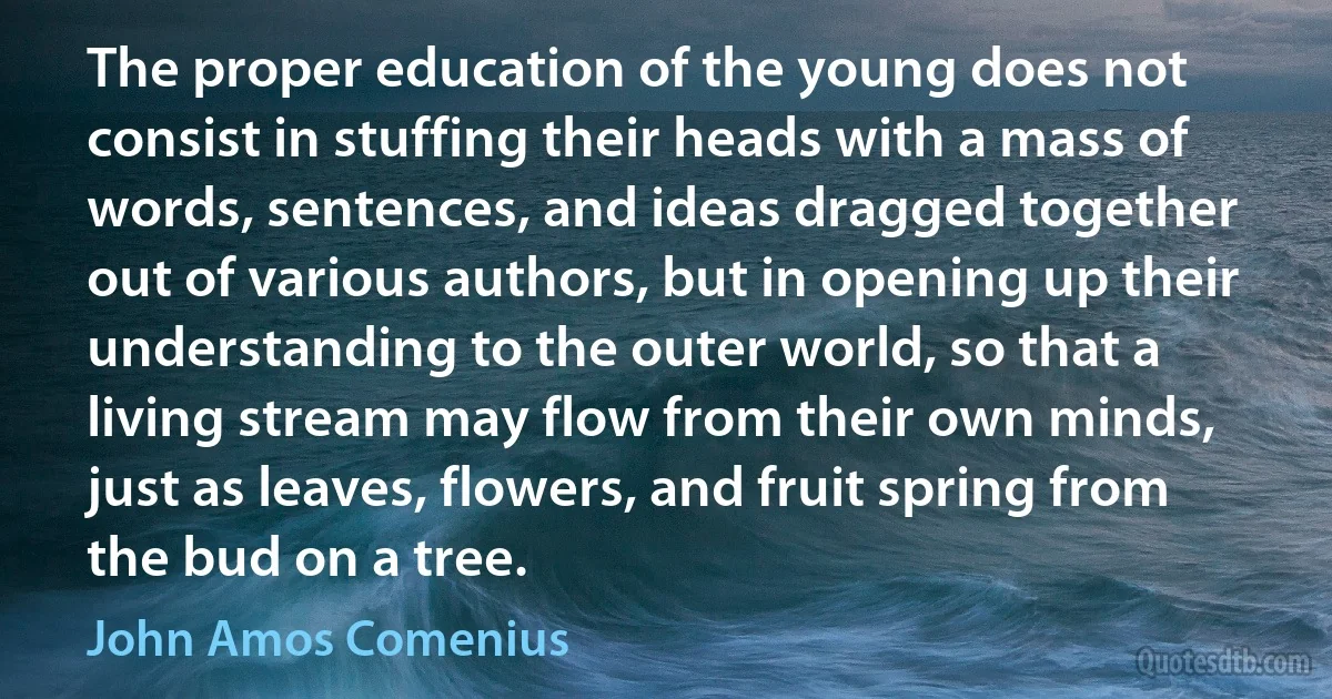 The proper education of the young does not consist in stuffing their heads with a mass of words, sentences, and ideas dragged together out of various authors, but in opening up their understanding to the outer world, so that a living stream may flow from their own minds, just as leaves, flowers, and fruit spring from the bud on a tree. (John Amos Comenius)