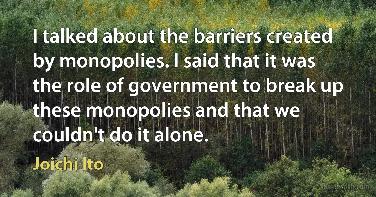 I talked about the barriers created by monopolies. I said that it was the role of government to break up these monopolies and that we couldn't do it alone. (Joichi Ito)