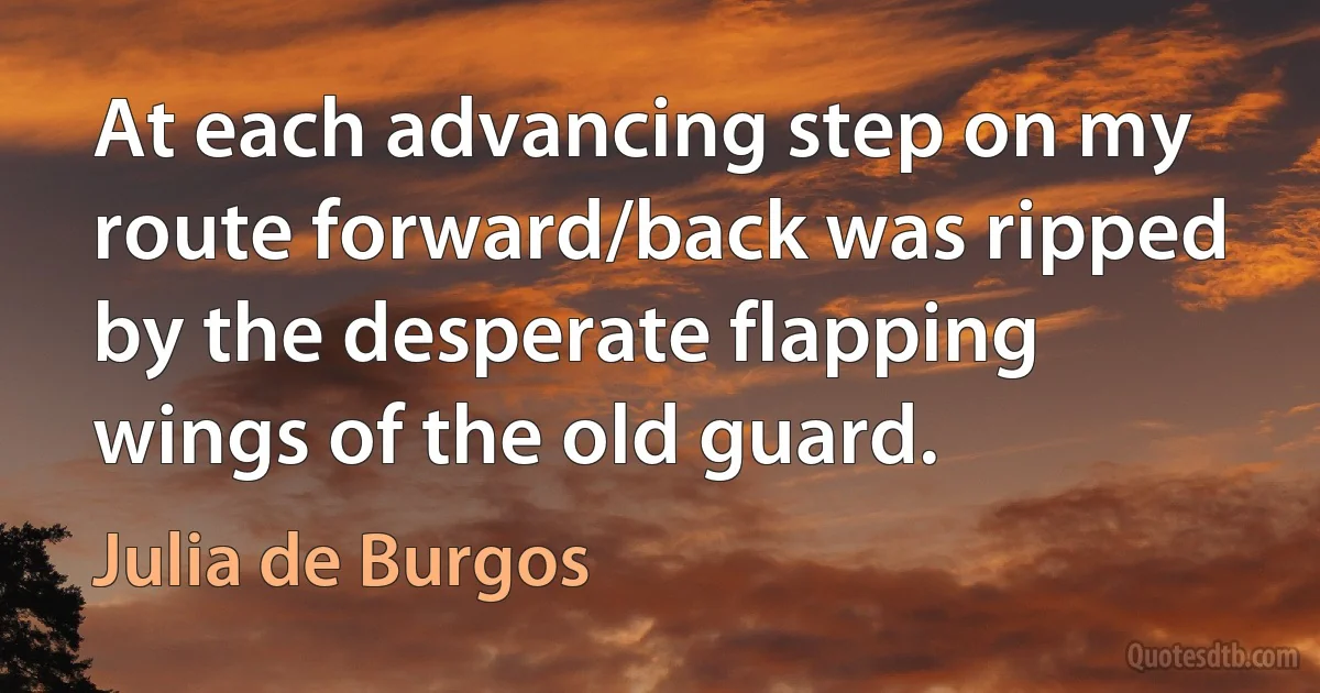 At each advancing step on my route forward/back was ripped by the desperate flapping wings of the old guard. (Julia de Burgos)