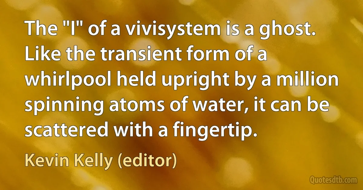 The "I" of a vivisystem is a ghost. Like the transient form of a whirlpool held upright by a million spinning atoms of water, it can be scattered with a fingertip. (Kevin Kelly (editor))