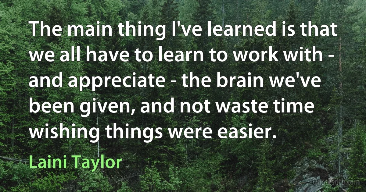 The main thing I've learned is that we all have to learn to work with - and appreciate - the brain we've been given, and not waste time wishing things were easier. (Laini Taylor)