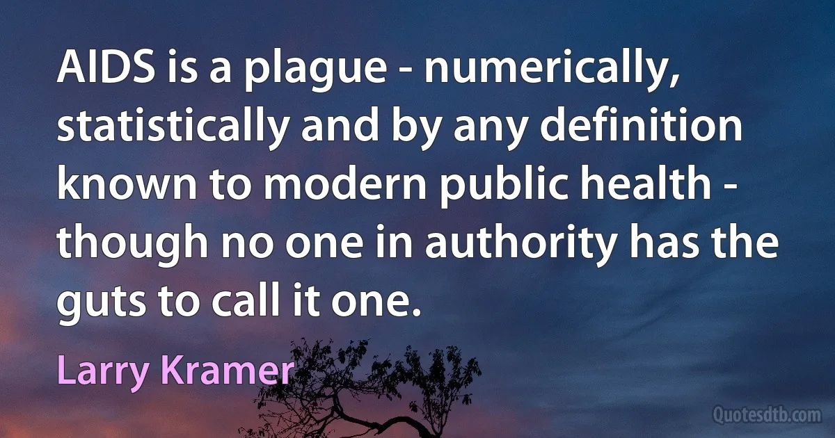 AIDS is a plague - numerically, statistically and by any definition known to modern public health - though no one in authority has the guts to call it one. (Larry Kramer)