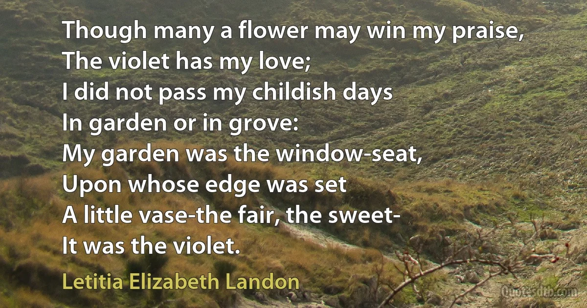 Though many a flower may win my praise,
The violet has my love;
I did not pass my childish days
In garden or in grove:
My garden was the window-seat,
Upon whose edge was set
A little vase-the fair, the sweet-
It was the violet. (Letitia Elizabeth Landon)