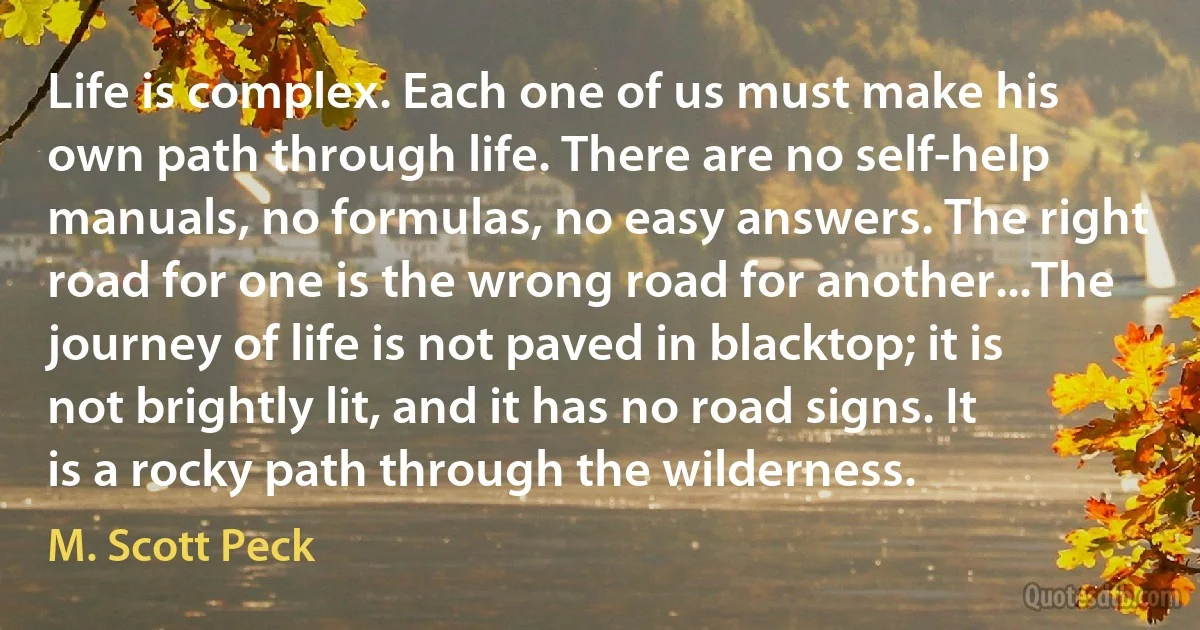 Life is complex. Each one of us must make his own path through life. There are no self-help manuals, no formulas, no easy answers. The right road for one is the wrong road for another...The journey of life is not paved in blacktop; it is not brightly lit, and it has no road signs. It is a rocky path through the wilderness. (M. Scott Peck)