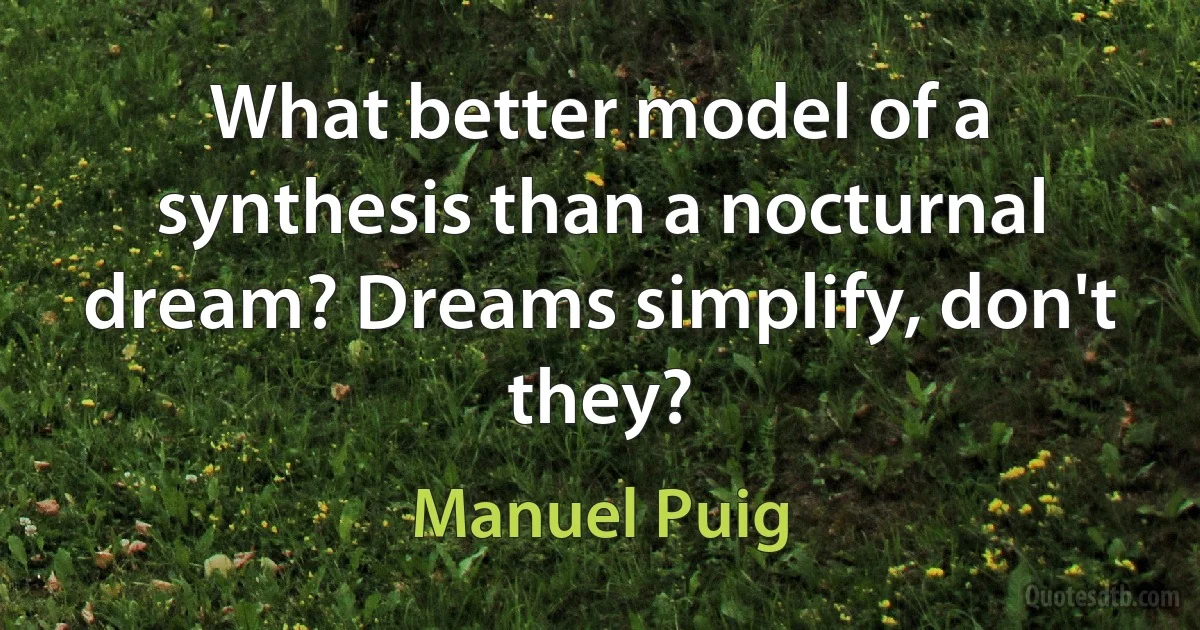 What better model of a synthesis than a nocturnal dream? Dreams simplify, don't they? (Manuel Puig)