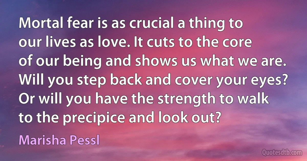 Mortal fear is as crucial a thing to our lives as love. It cuts to the core of our being and shows us what we are. Will you step back and cover your eyes? Or will you have the strength to walk to the precipice and look out? (Marisha Pessl)