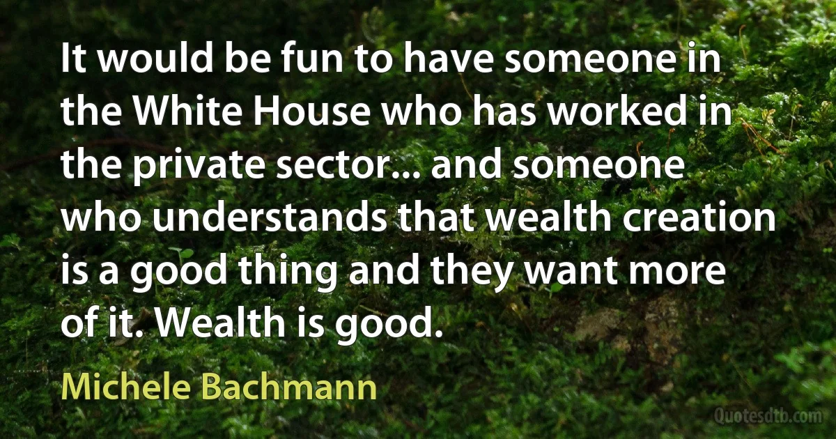 It would be fun to have someone in the White House who has worked in the private sector... and someone who understands that wealth creation is a good thing and they want more of it. Wealth is good. (Michele Bachmann)